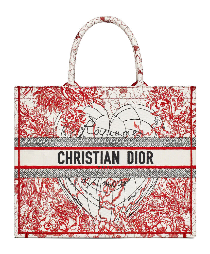 Christian Dior Book Tote Velvet Mizza Embroidery Canvas Red